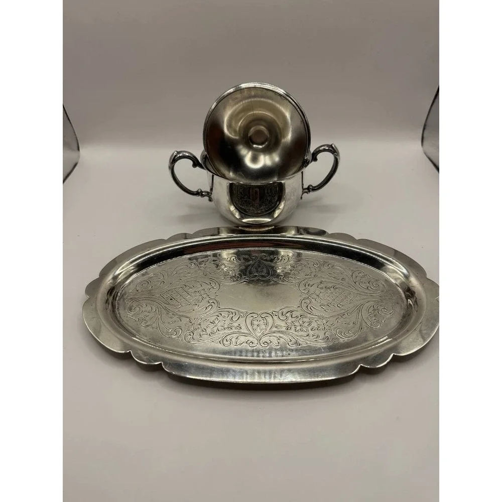 Sheridan Silverplated Sugar Bowl with‎ Lid & Tray Set, Vintage 10